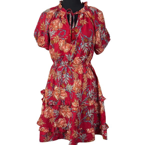 Band of the Free Connie Garnet Floral Mini Dress Tassel Tie V-Neck Ruffle Small - Picture 1 of 8